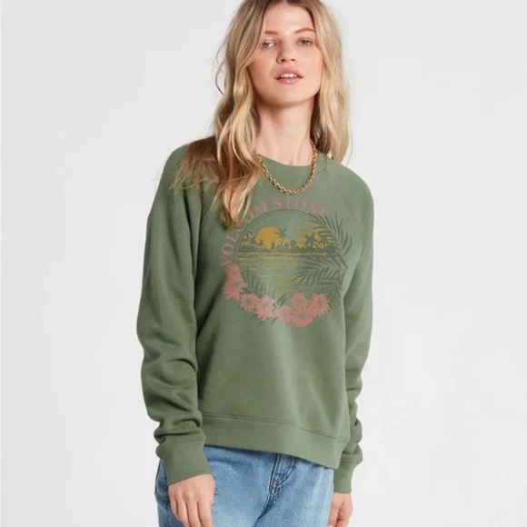 Volcom Tops - Volcom Women’s Truly Stokin Crew Neck Sweatshirt Green Graphic Juniors XXL